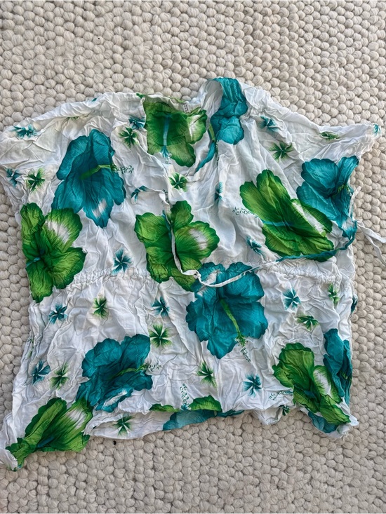 Other - White Floral Hawaiian Tunic with Green & Teal Blooms Coverup